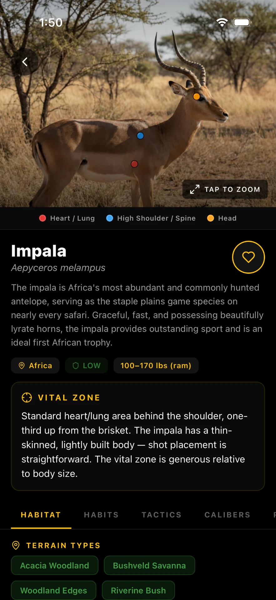 AimVitals impala screen with heart-lung, shoulder and head shot points marked