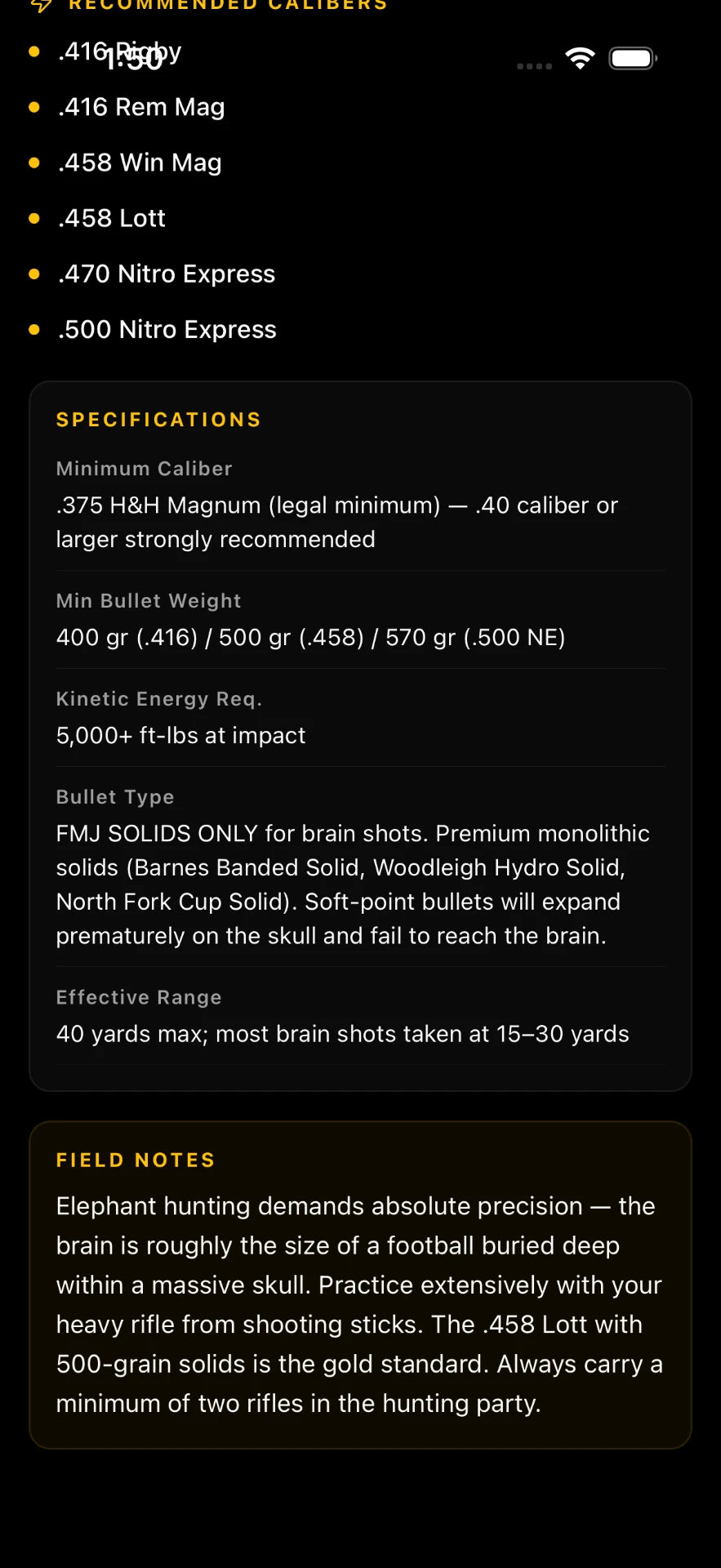 AimVitals elephant caliber and bullet specifications screen