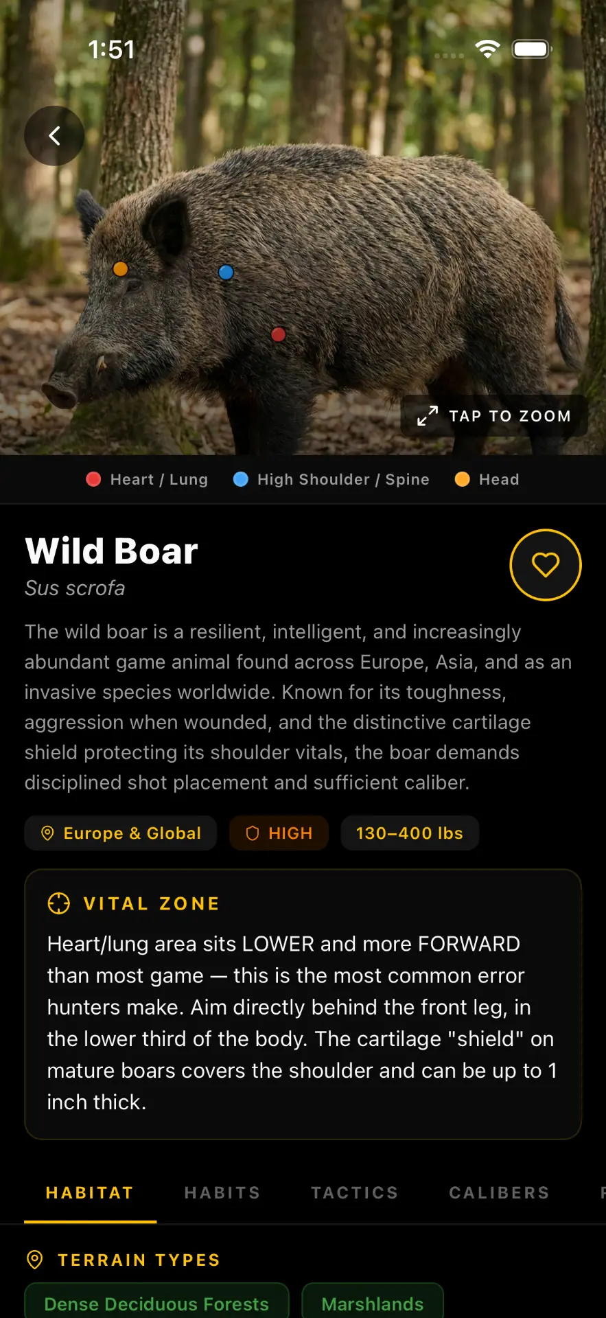 AimVitals wild boar screen with vital zone notes