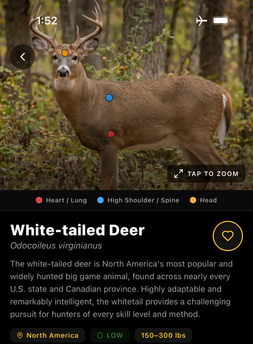 AimVitals white-tailed deer shot placement screen with the iPhone in airplane mode