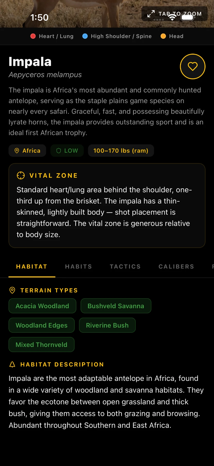 AimVitals impala habitat screen with terrain types