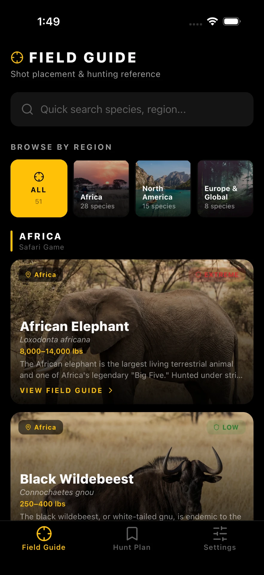 AimVitals field guide home screen browsing species by region
